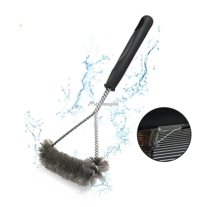 The grill brush in action, demonstrating its ability to remove stubborn grime from grill grates for a spotless finish.