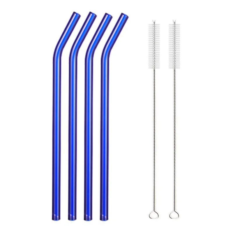 Individual images showing blue  bent  glass straws with cleaning brushes placed beside them on a white background.