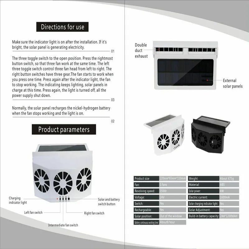 Solar Powered Car Cooling Fan - Product Manual: The image includes a detailed product manual for the Solar Powered Car Cooling Fan, providing instructions and specifications. It highlights the fan's features and operational guidelines.