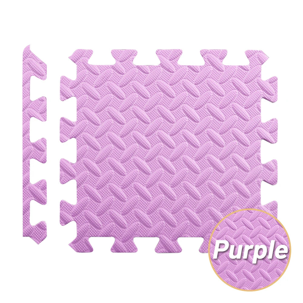 Illustrating the versatility of the mats, the image displays three stacks of "Puzzle Fitness Mats" in alternate colors: purple, black, and blue, emphasizing the ease of assembly and the variety of color options available for personalization.