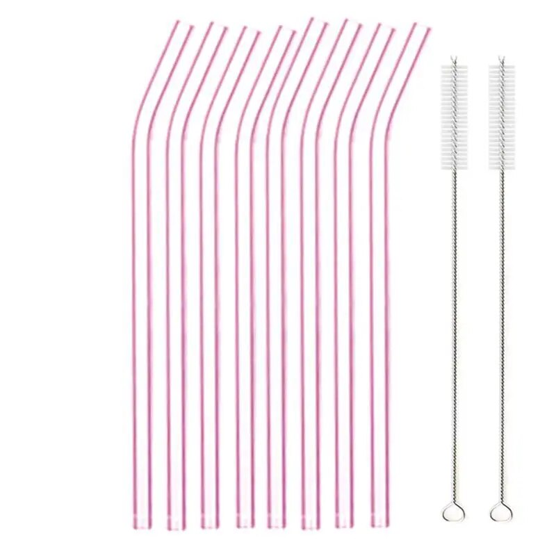 Individual images showing pink bent glass straws with cleaning brushes placed beside them on a white background.