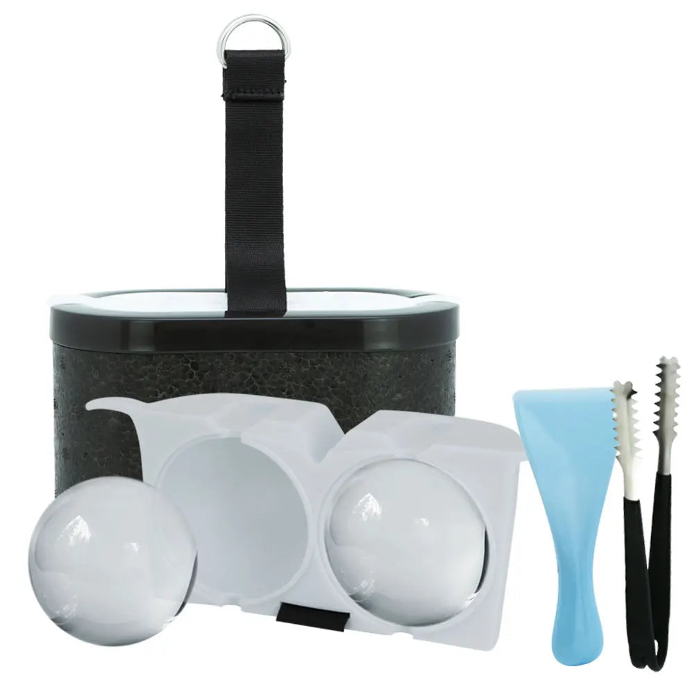Complete Ice Ball Kit: The ice ball maker kit including the mold, ice pick, and ice shovel, demonstrating the comprehensive package for making ice balls.