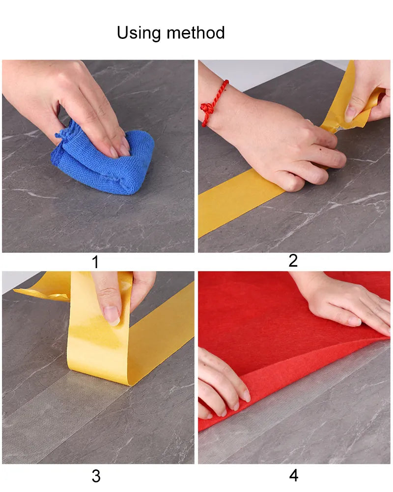 A sequence showing the use of the tape: a hand pressing down a blue scraper tool to flatten the tape onto a yellow surface, and then another hand peeling off the tape's top layer.