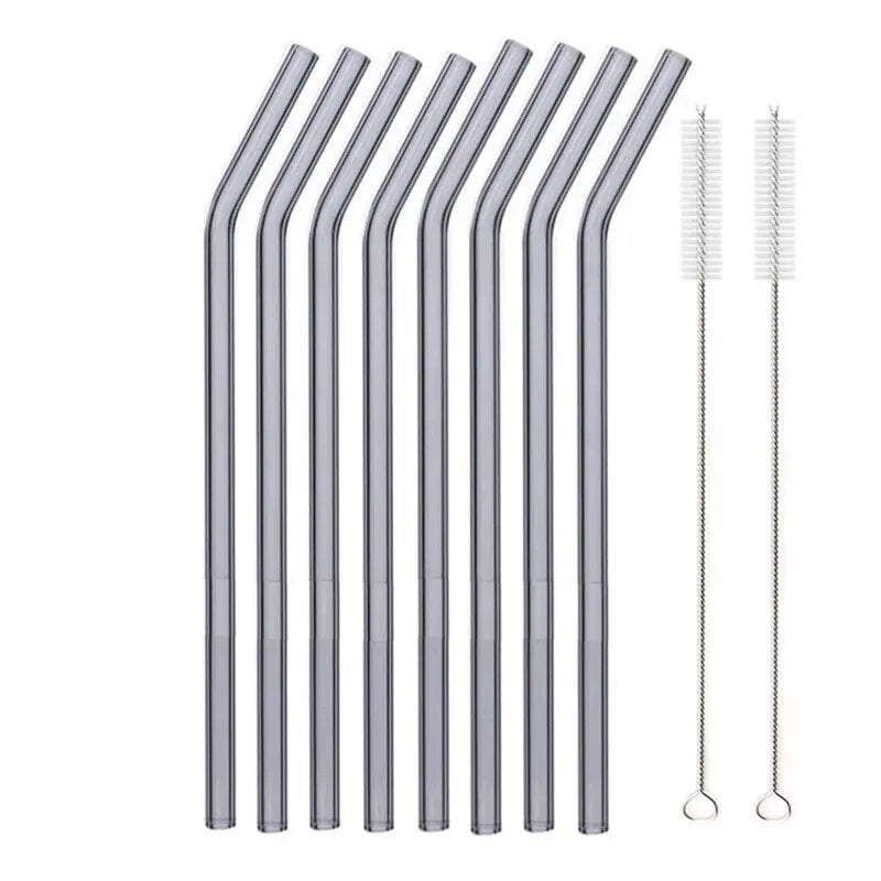 Individual images showing grey bent glass straws with cleaning brushes placed beside them on a white background.