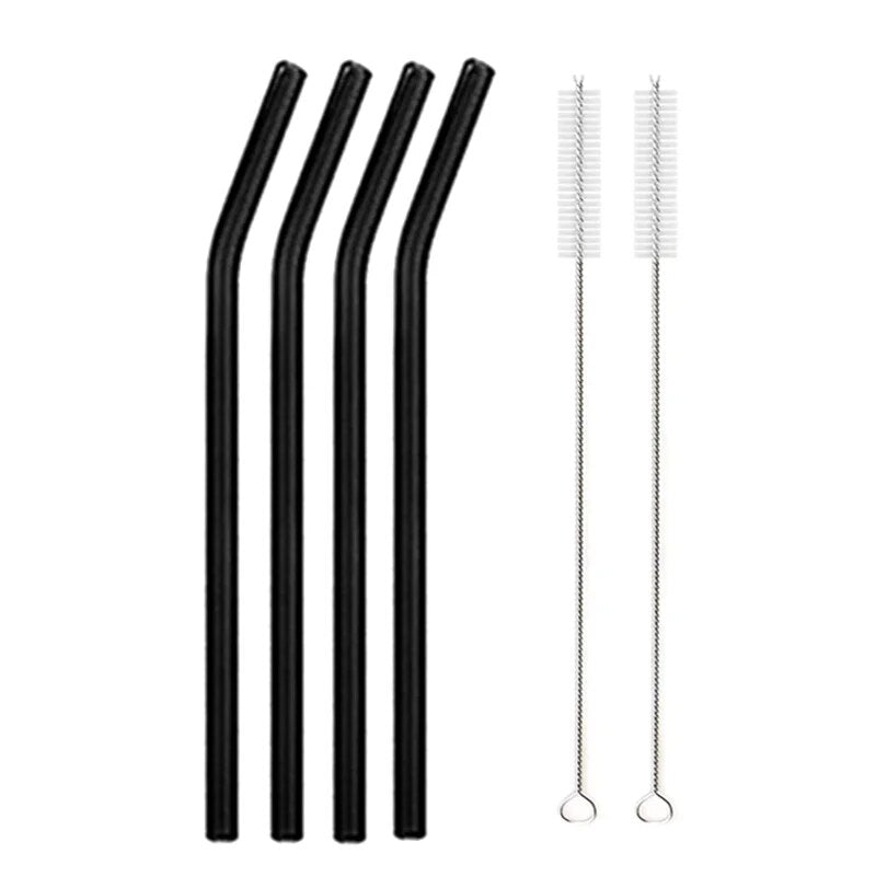 Individual images showing black  bent glass straws with cleaning brushes placed beside them on a white background.
