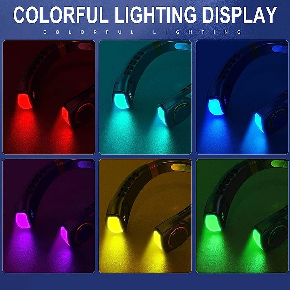 Display of the colorful lighting options available in the portable neck fan, with multiple vibrant LED lights that enhance the user experience and add a touch of fun.
