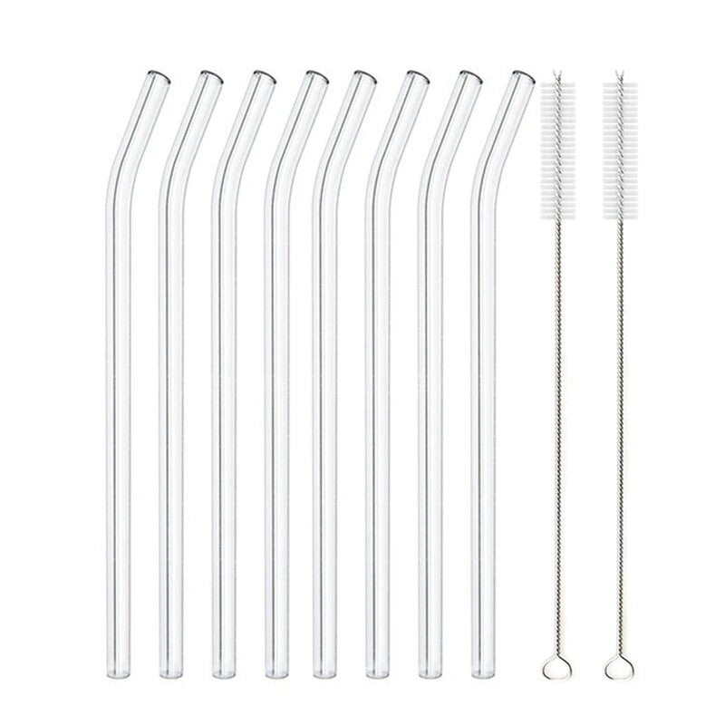 Individual images showing transparent  bent  glass straws with cleaning brushes placed beside them on a white background.