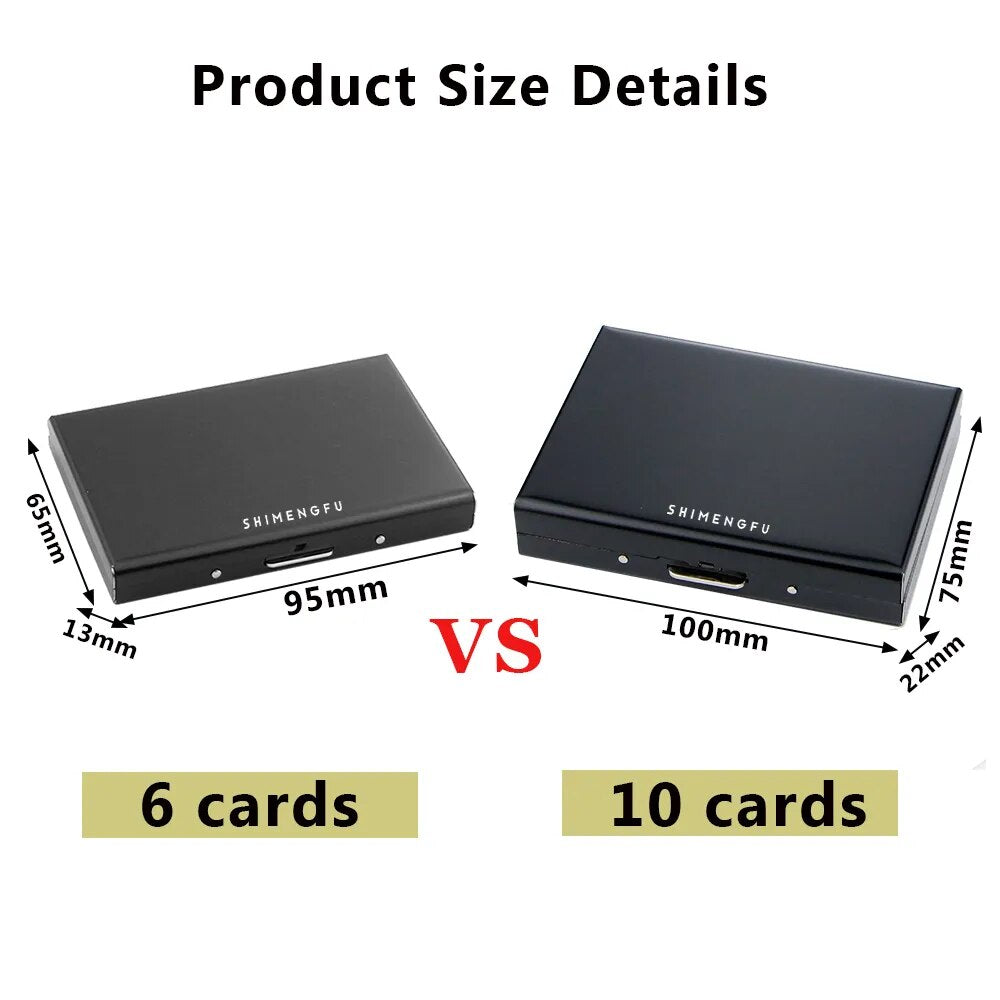 A comparison graphic depicts two black SHIMENGFU card organizers with dimensions: the smaller one measures 95mm by 65mm by 13mm holding 6 cards, and the larger one is 100mm by 75mm by 22mm for 10 cards. The sizes are visually contrasted with 'VS' between them, highlighted in yellow boxes.