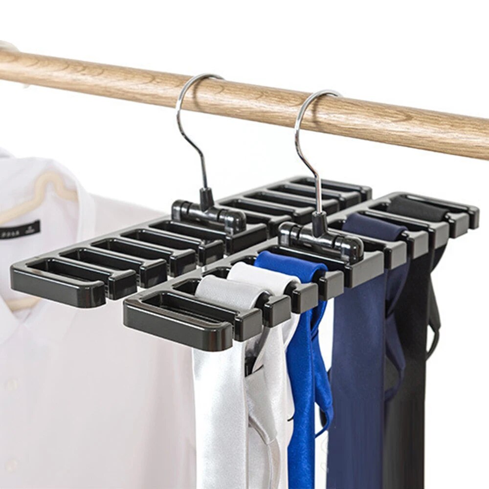  image depicts a black version of the belt hanger/organizer, filled with dark-colored ties against a white background, demonstrating the product's capacity.