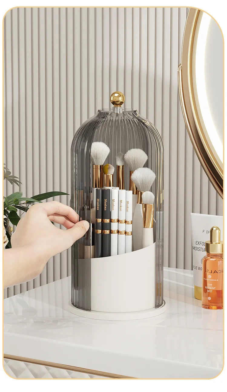 Luxury 360° Rotating Makeup Brush Holder with Lid - Transparent Cosmetic Organizer for Lipstick, Eyebrow Pencils, Eye Shadow - Space-Saving, Dustproof Beauty Storage Solution