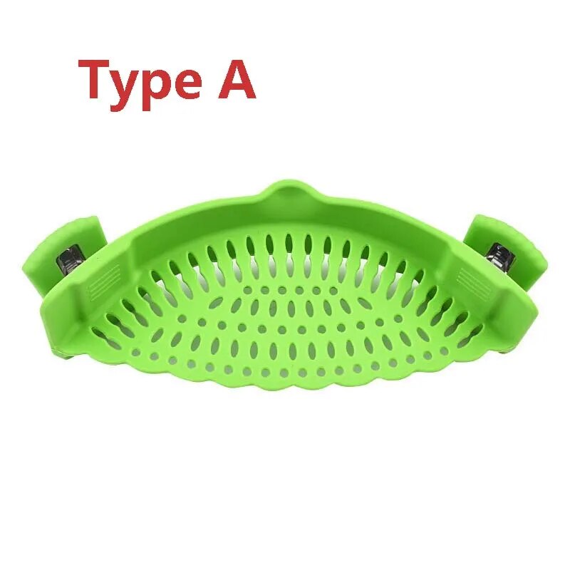 A green silicone strainer, labeled "Type A", is shown detached, displaying its design and clip-on feature.