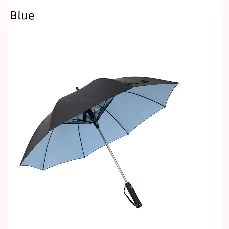 The Creative Summer Umbrella with Fan and Mist Spray in a blue variant. This umbrella combines style and functionality, offering excellent sun protection and cooling features.