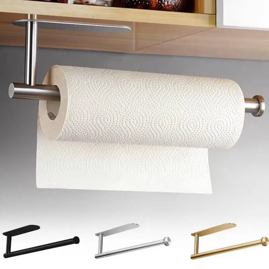 The image shows a sleek stainless steel paper towel holder mounted under a kitchen cabinet, holding a roll of paper towel. Displayed are various models of the stainless steel holder, including black and gold options, highlighting the material's durability.