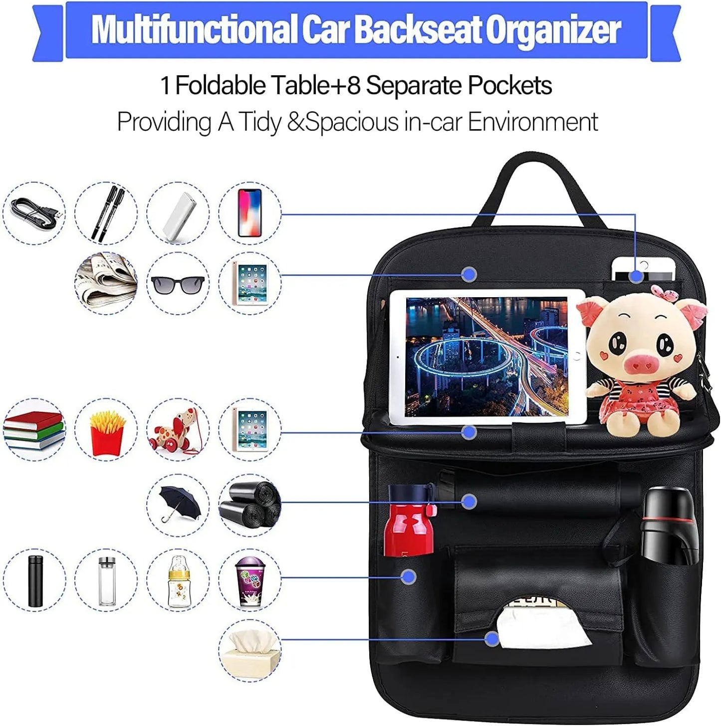 Multifunctional Car Backseat Organizer: The image displays the organizer with a foldable table and eight separate pockets. Various items like toys, bottles, and electronic devices are stored, showcasing the organizer’s functionality and storage capacity.
