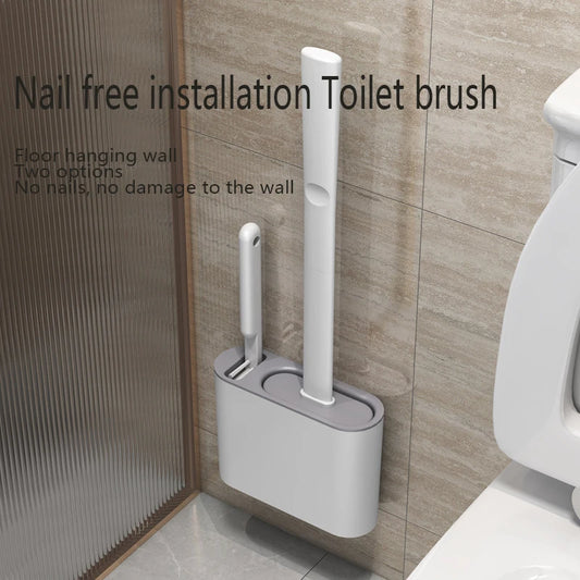 A wall-mounted TPR silicone toilet brush in a sleek holder, with text highlighting its nail-free installation.