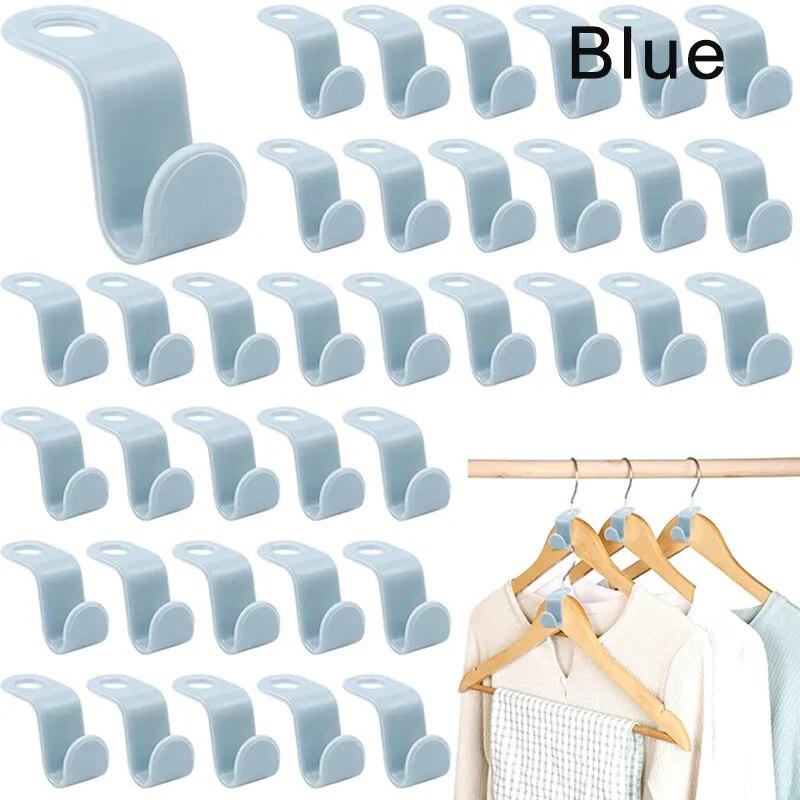 A collection of blue, space-saving hanger connectors displayed against a white background, each with a slot for attaching another hanger.