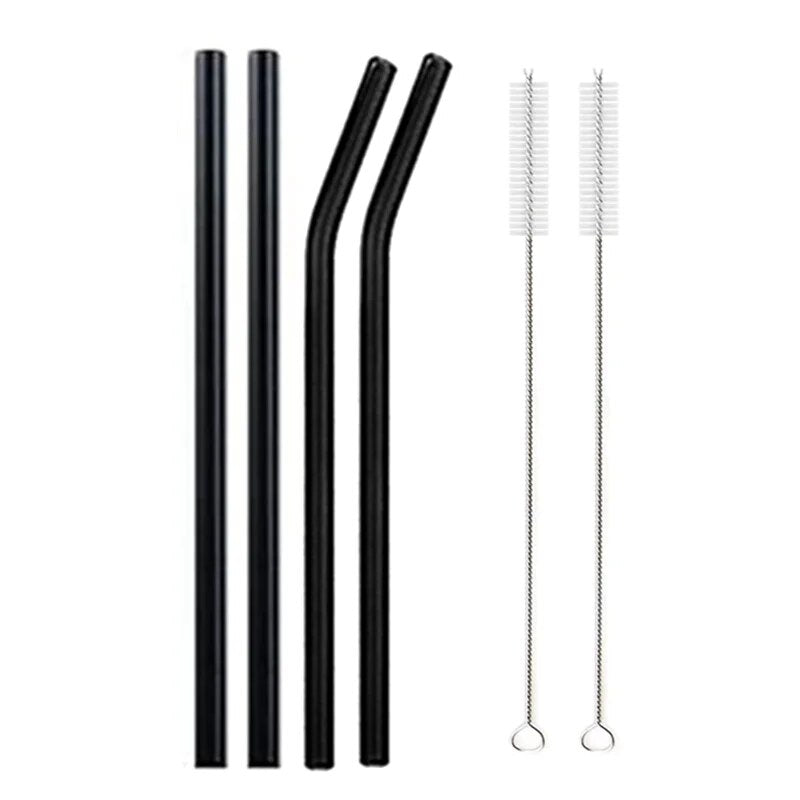 Individual images showing black bent and straight glass straws with cleaning brushes placed beside them on a white background.