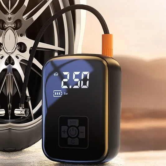 Portable Wireless Car Air Compressor: The image shows the Portable Wireless Car Air Compressor connected to a car tire, displaying a clear digital reading of 2.50 on its LED screen. It highlights the convenience of a compact, wireless design for easy use anywhere.