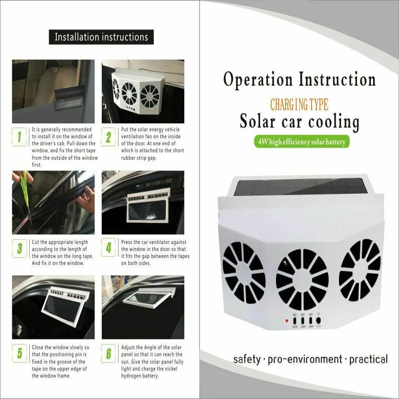 Solar Powered Car Cooling Fan - Installation Instructions: This image presents step-by-step installation instructions for the Solar Powered Car Cooling Fan. It illustrates the process of attaching the fan to a car window, ensuring a secure and effective setup.