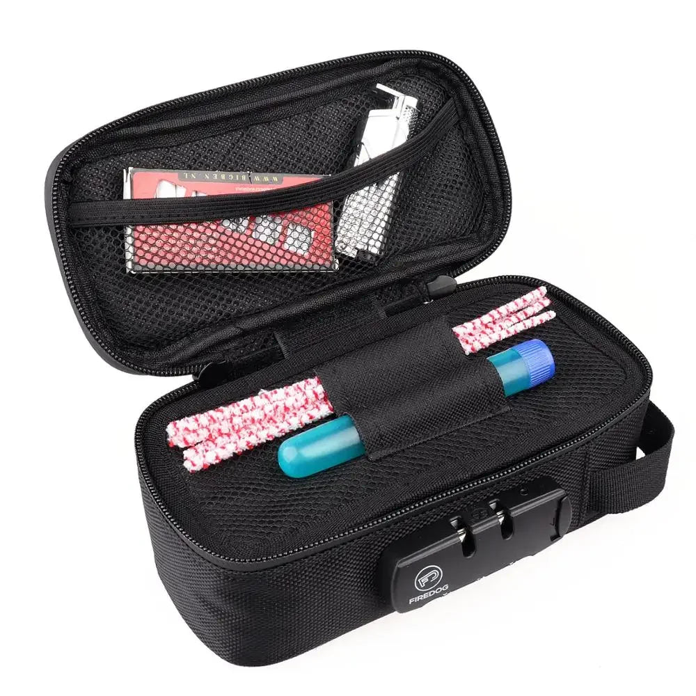Featured here is the interior of the Odor Smell Proof Cigarette Smoking Stash Bag, highlighting the customizable compartments with removable Velcro inserts and the combination lock feature, ensuring your smoking essentials are securely organized and scent-proof.