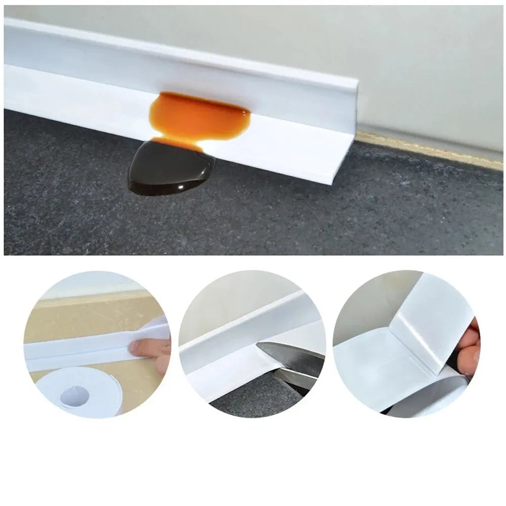 The image showcases a white sealing strip being used as a barrier under a door. A spill of orange liquid is being effectively blocked by the strip. Below are three circular insets: the first shows the strip being pressed onto a surface by hand, the second demonstrates the strip's flexibility by bending it into a right angle, and the third displays how easily the strip can be folded to create a corner.