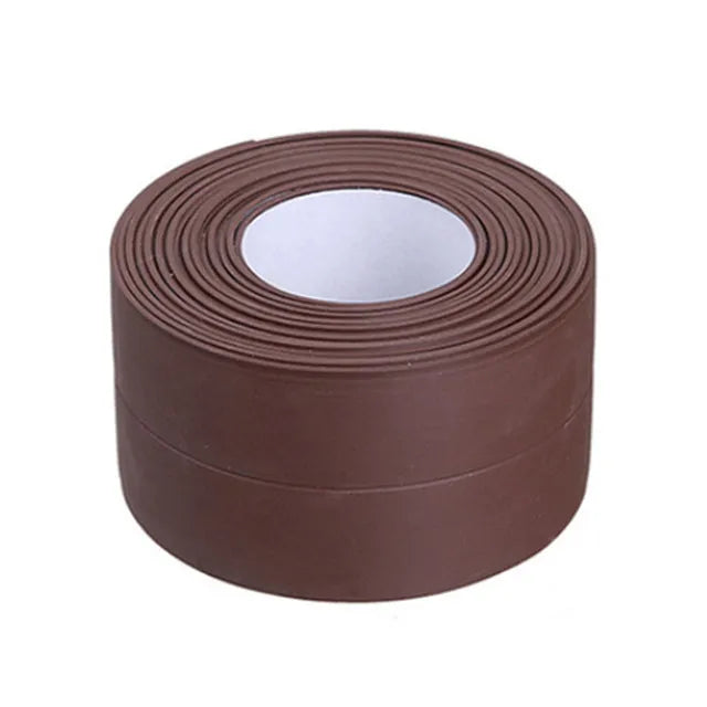 The image depicts a tightly coiled roll of brown sealing strip tape, emphasizing its flexibility and the length provided.