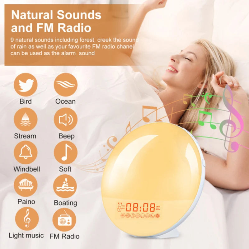 Color Changing Options The wake-up light alarm clock displays various color options, including red, blue, and green. Ideal for setting a calming ambiance.