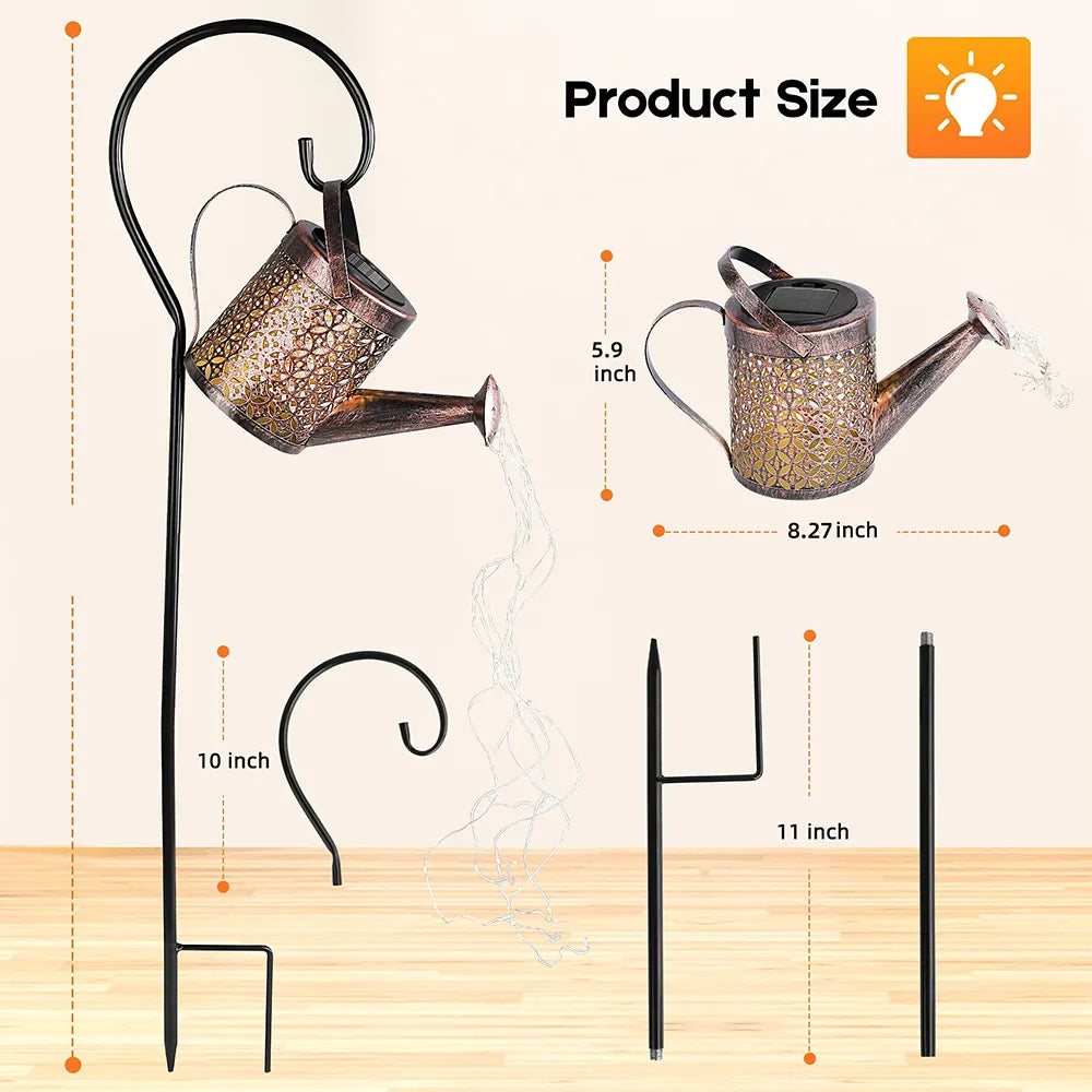  Image depicting the Solar Watering Can Light with and without the pole, demonstrating versatility in installation. Ideal for solar pathway lights.