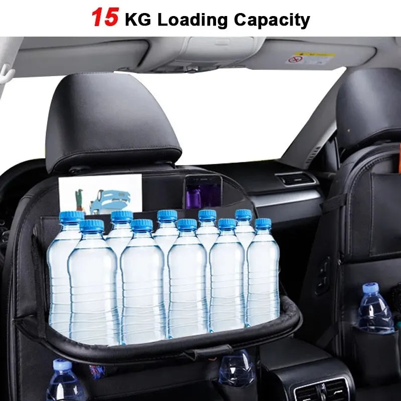 Car Seat Back Organizer with High Load Capacity: This image highlights the organizer's impressive 15 KG loading capacity. Several water bottles are neatly arranged on the foldable table tray, demonstrating its strength and durability.