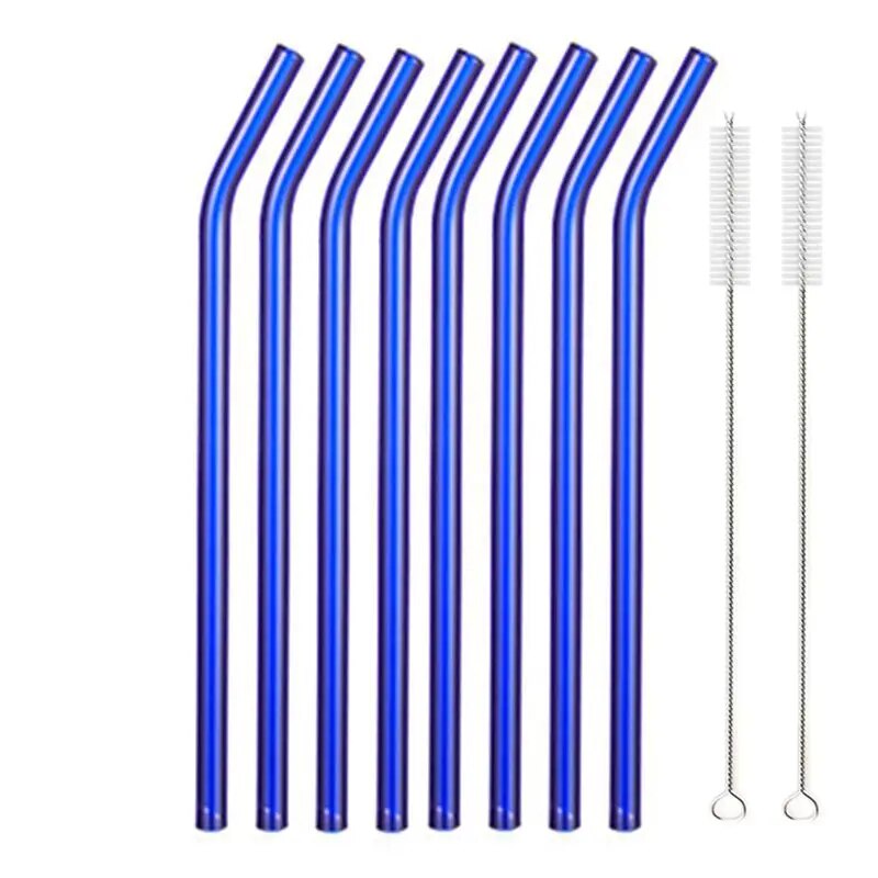 Individual images showing blue bent glass straws with cleaning brushes placed beside them on a white background.