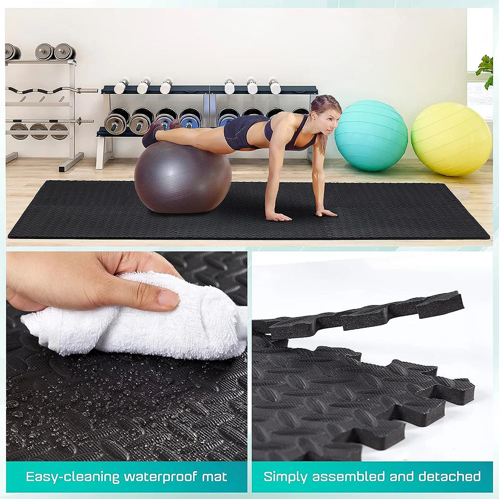 Detailing a functional space with black "Puzzle Fitness Mats" laid out, the image emphasizes key features such as shock absorption, anti-slip texture, and suitability for a range of exercises including weightlifting and yoga.