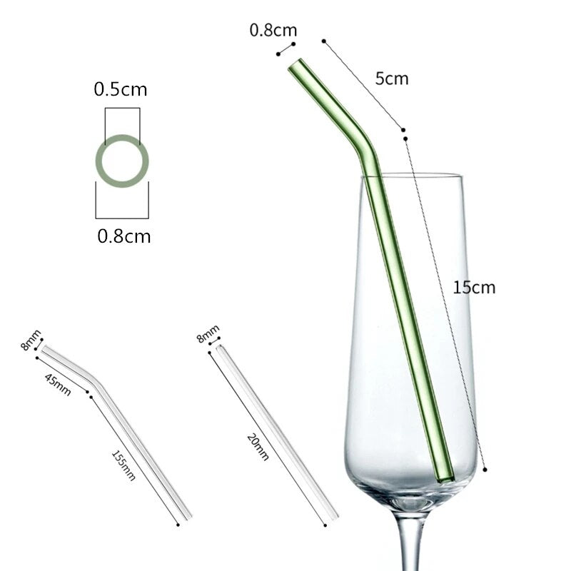 An illustrative diagram detailing the dimensions of the glass straws, showcasing the length, bend, and diameter measurements.