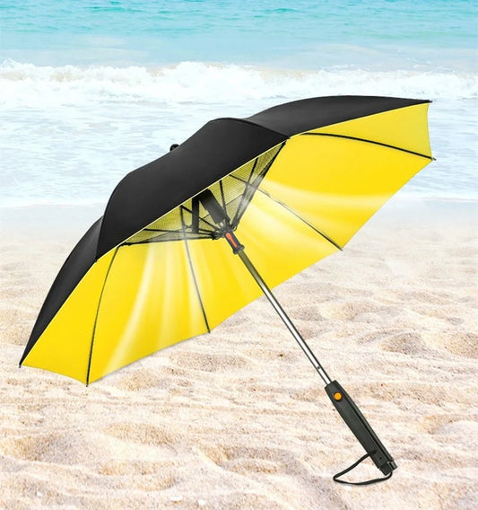 The Creative Summer Umbrella with Fan and Mist Spray features a sleek black and yellow design, perfect for beach outings. This UV-proof umbrella ensures you stay cool and protected under the sun.