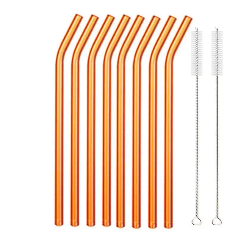 Individual images showing orange bent glass straws with cleaning brushes placed beside them on a white background.