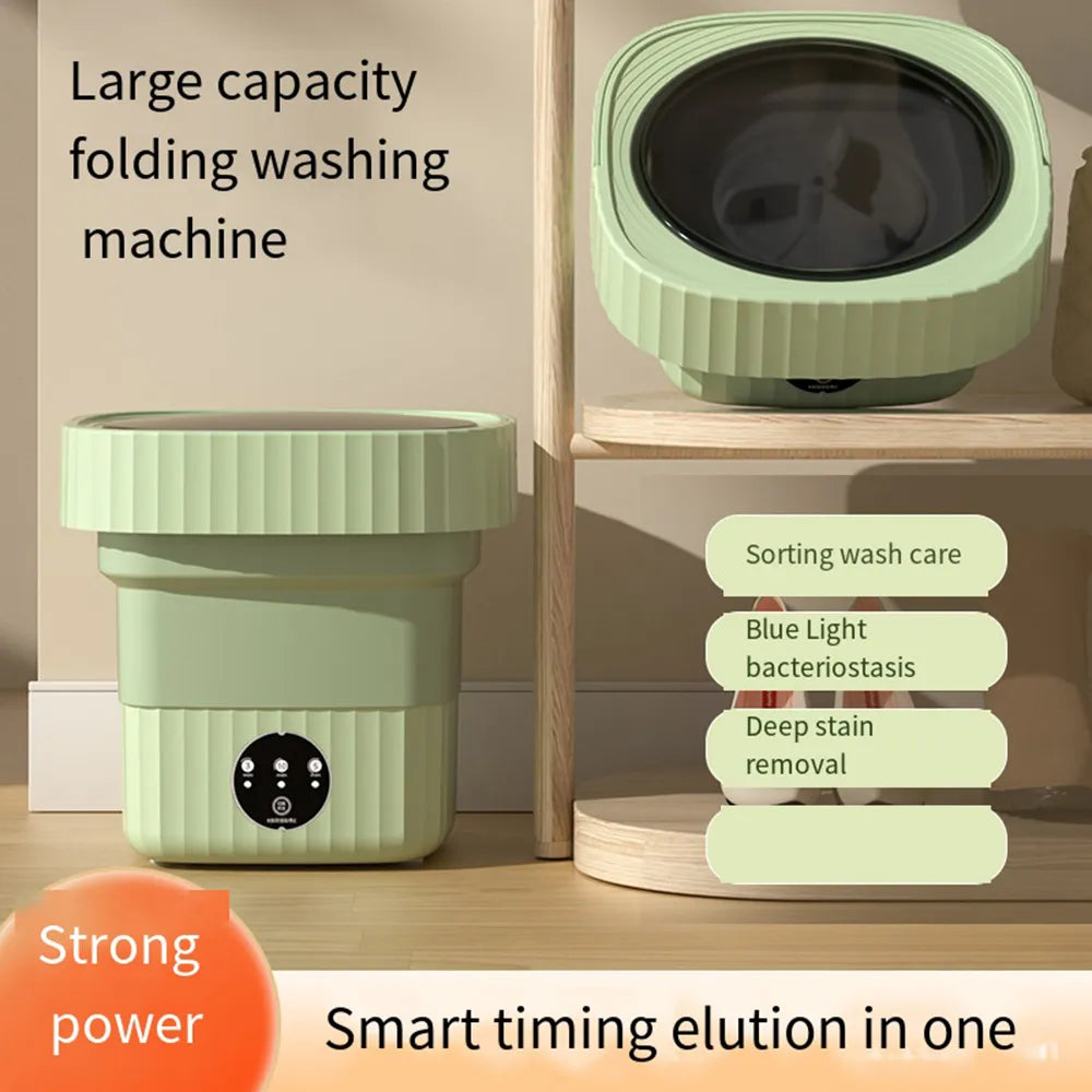 A focus on the foldable washing machine's functionality with labels pointing to features such as "Sorting wash care," "Blue light bacteriostasis," and "Deep stain removal," in a green version, emphasizing its advanced cleaning capabilities.