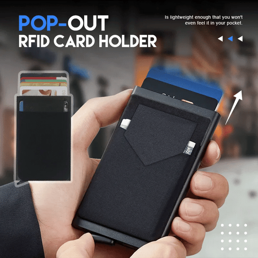 Hand holding a black Slim Aluminum RFID Wallet with a blue card popping out from the top, highlighting the wallet's quick access feature.