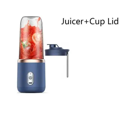 The Portable Electric Juicer Blender with a detachable cup lid, filled with freshly blended strawberry juice. This practical blender is perfect for quick and easy preparation of fruit juices and milkshakes, emphasizing convenience and portability.