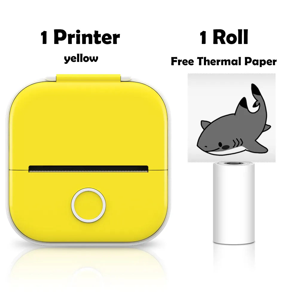 Yellow Printer with Paper Roll: A bright yellow portable mini printer is featured here, accompanied by one roll of thermal paper, highlighting its vibrant design and ease of use for quick, on-the-go printing.