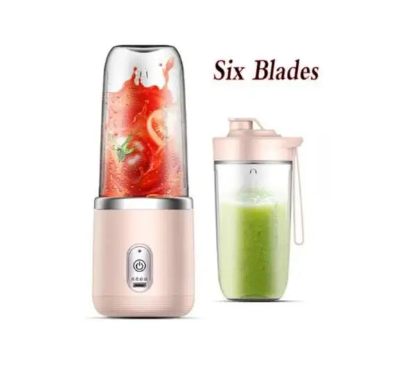 A variant of the Portable USB Juicer Blender, featuring six blades for powerful blending. The image shows the blender with a pink cup, highlighting its ability to make smooth and consistent green smoothies and fruit juices.