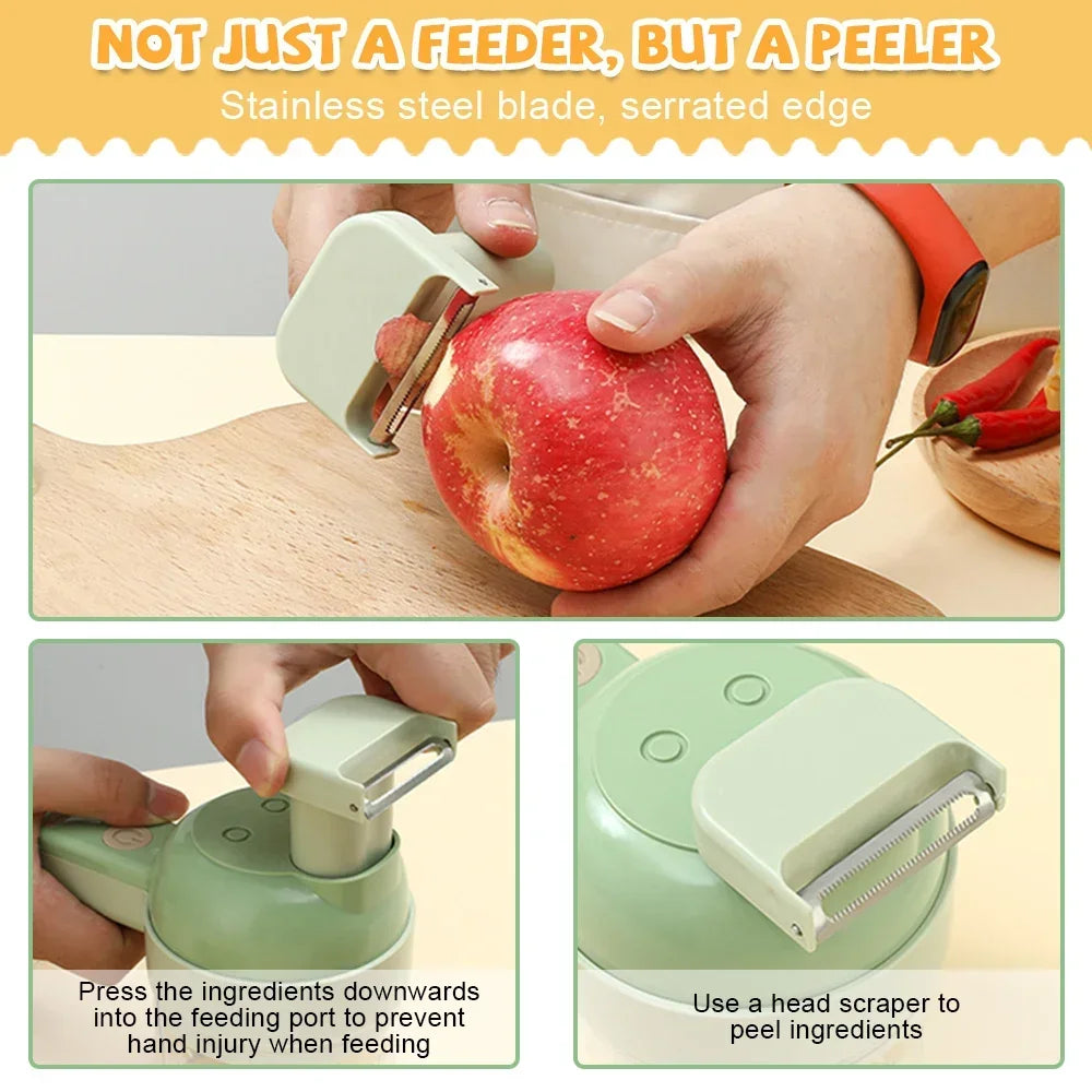 The image displays a 3-panel demonstration of a multifunctional kitchen device with peeling and feeding features. It shows a person using a stainless steel blade to peel an apple, a close-up of the feeding port to prevent hand injuries, and the head scraper attachment used for peeling.
