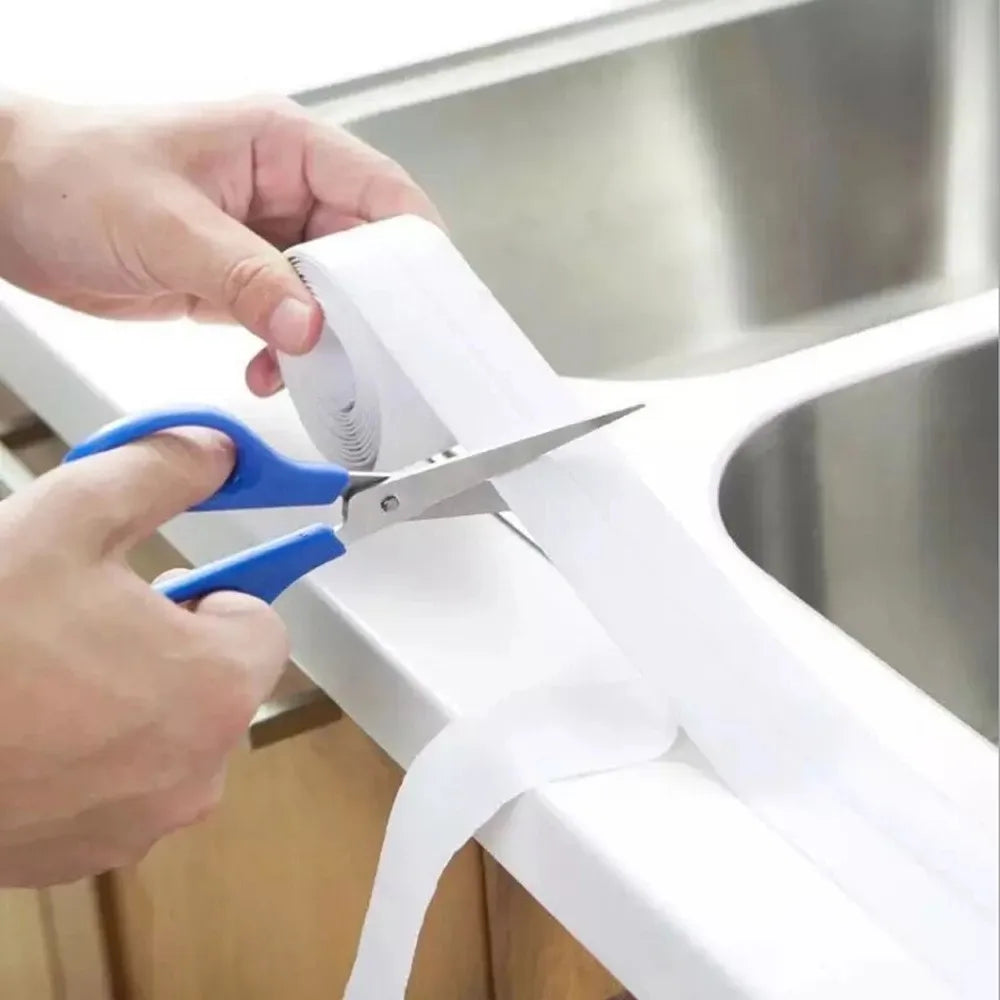 A hand is depicted cutting a white sealing strip with scissors, suggesting the ease of customizing the strip's length.