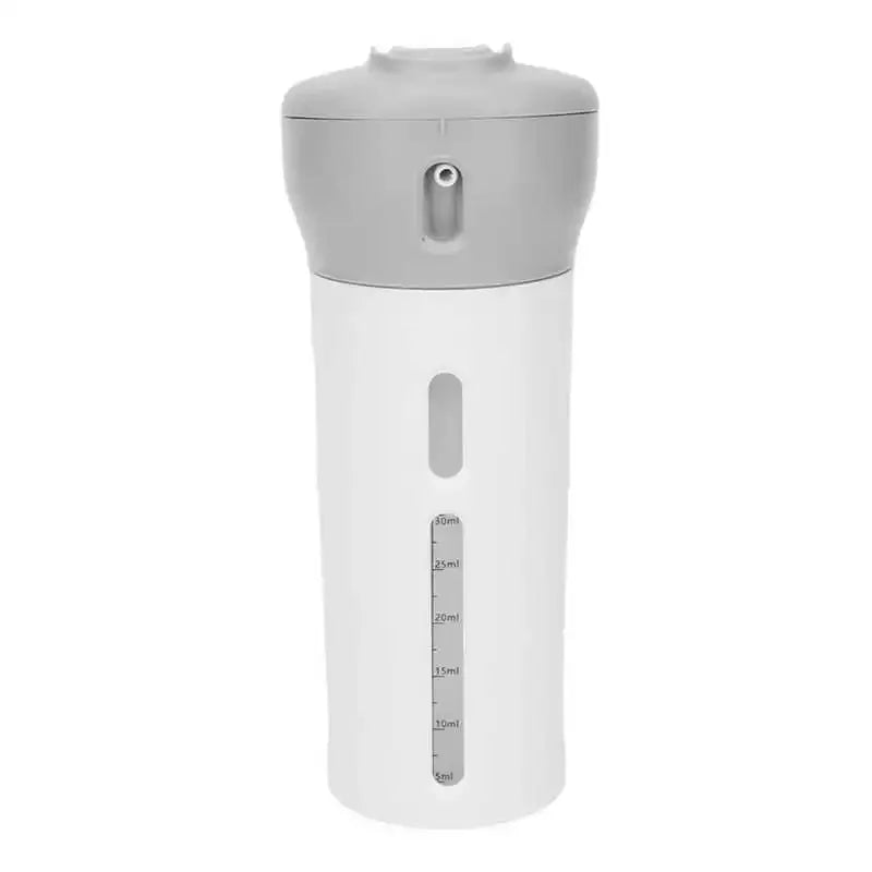 Grey 4-in-1 Portable Travel Liquid Dispenser: This image shows an upright dispenser with a grey cap. The transparent body reveals four inner compartments with visible liquid levels