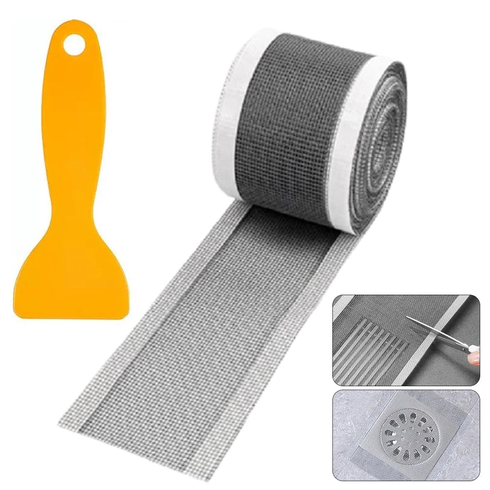 Image 2: Close-up of the Disposable Shower Drain Hair Catcher rolled out with the included plastic scraper. The gray mesh filter is displayed, emphasizing its durable material and strong adhesive sticker, ideal for preventing clogs in bathroom and kitchen drains.