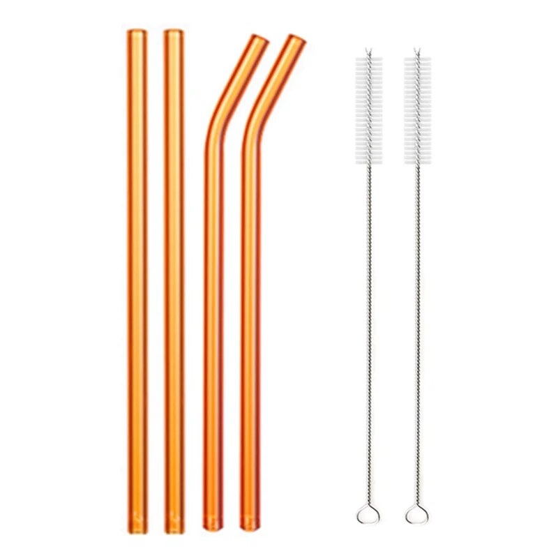 Individual images showing orange bent and straight glass straws with cleaning brushes placed beside them on a white background.