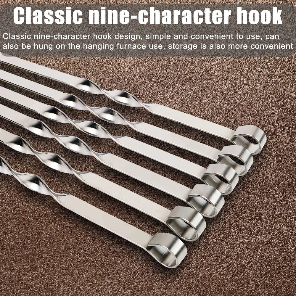 Classic Hook Design: Stainless steel skewers featuring a classic nine-character hook design, ideal for secure handling and easy storage.
