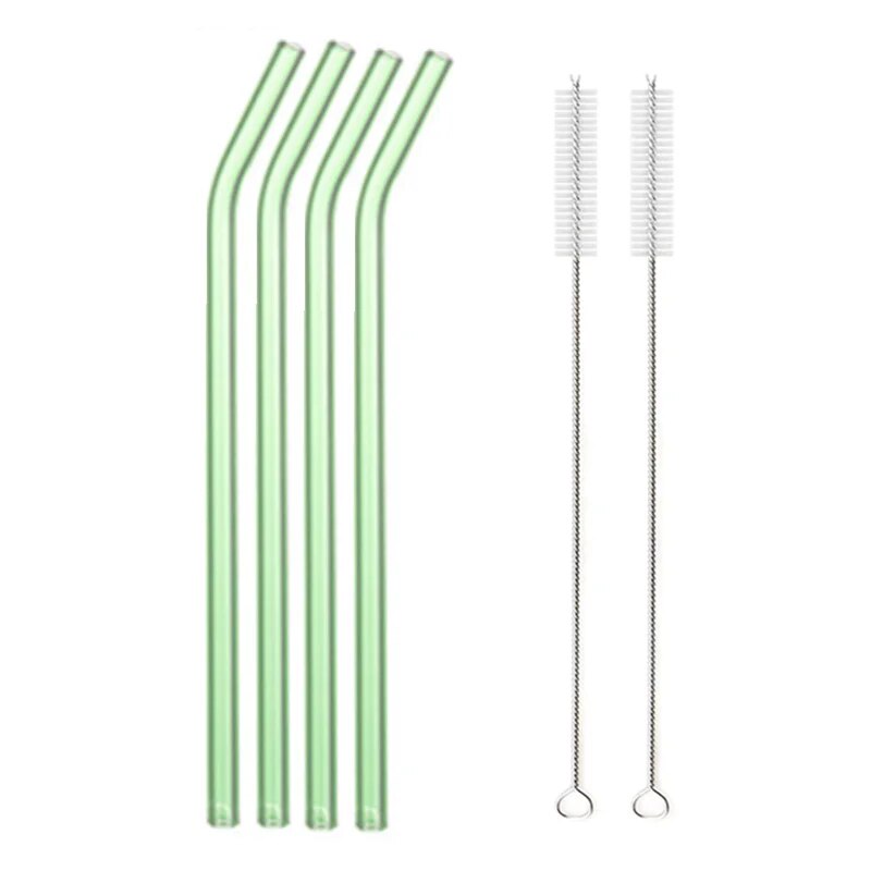 Individual images showing green  bent glass straws with cleaning brushes placed beside them on a white background.