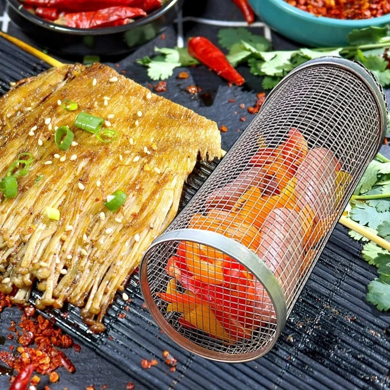 Versatile Rolling Grilling BBQ Basket – Stainless Steel, Leakproof Mesh for Outdoor Picnic and Camping