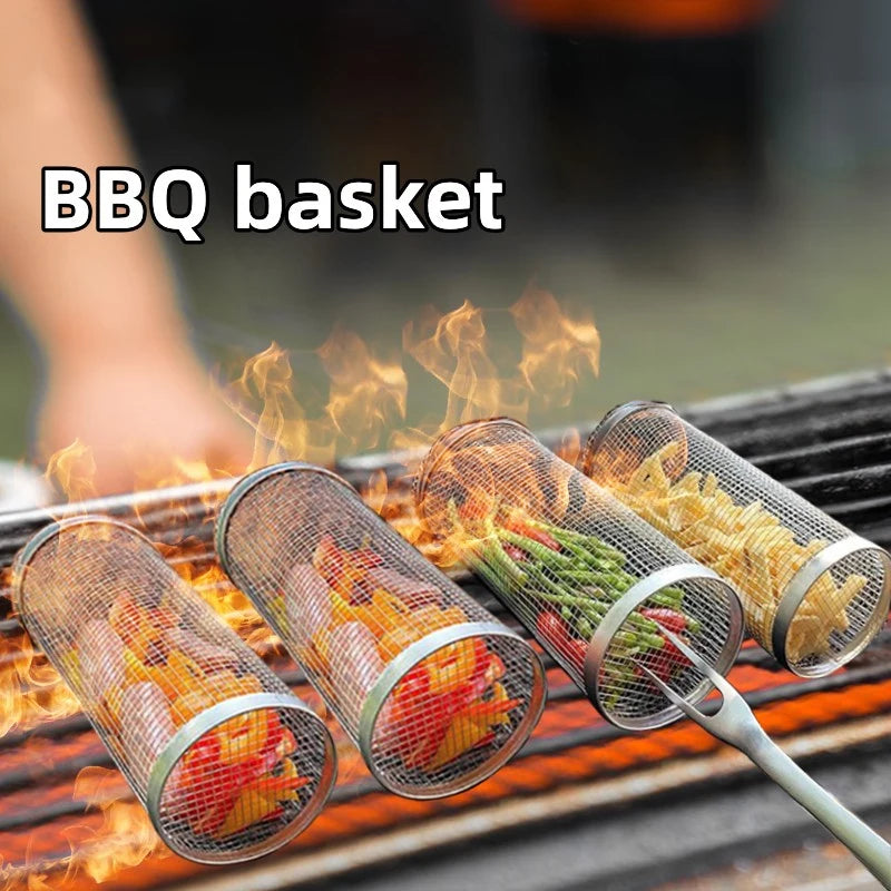 Stainless Steel Rolling BBQ Basket on a grill with a variety of vegetables. The convenient handle allows for easy rolling, ensuring all food is cooked evenly and preventing food from falling out