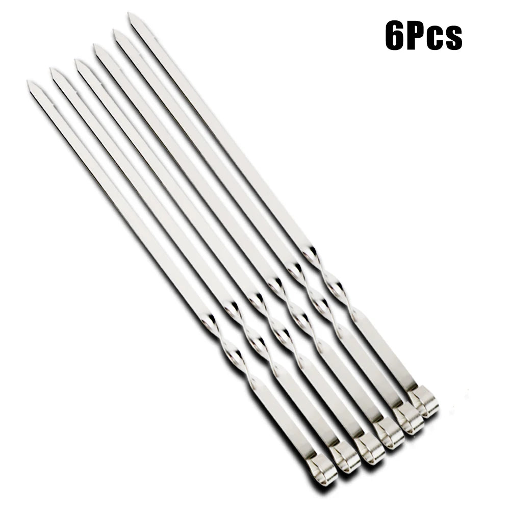 Full Set Display: Complete set of 6 stainless steel barbecue skewers laid out, showcasing their uniform length and sturdy construction for reliable grilling.