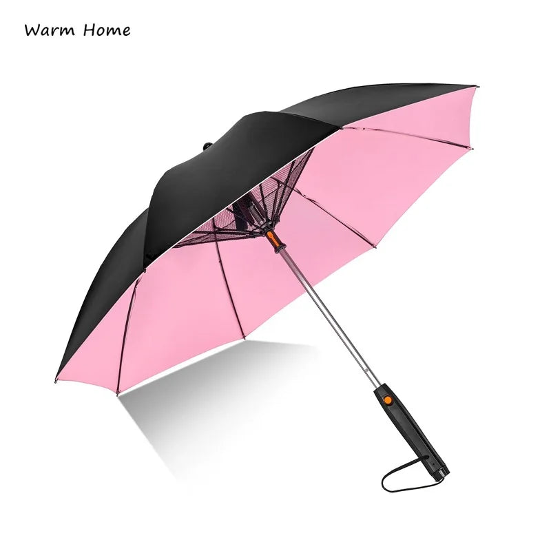 Another view of the Creative Summer Umbrella with Fan and Mist Spray in pink, showing its durable and attractive design. Ideal for outdoor activities, providing shade and a cooling mist.